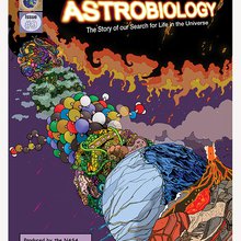 The cover of Issue 9 shows a series of planets representing disciplines of astrobiology. In front is geology, a rocky planet with volcanoes. An ocean world is half ice, half water. A microbial planet is a ball of cells. Chemistry is a ball of molecules.