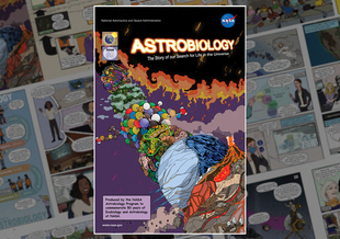 The cover for Issue 9 of the Astrobiology Graphic History floats above a blurred collage of pages from within the issue.